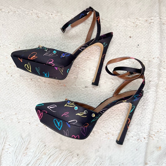 Kurt Geiger OCTAVIA Heels Black Satin Colorful Hearts Rhinestones Platforms 7.5 - Picture 4 of 6